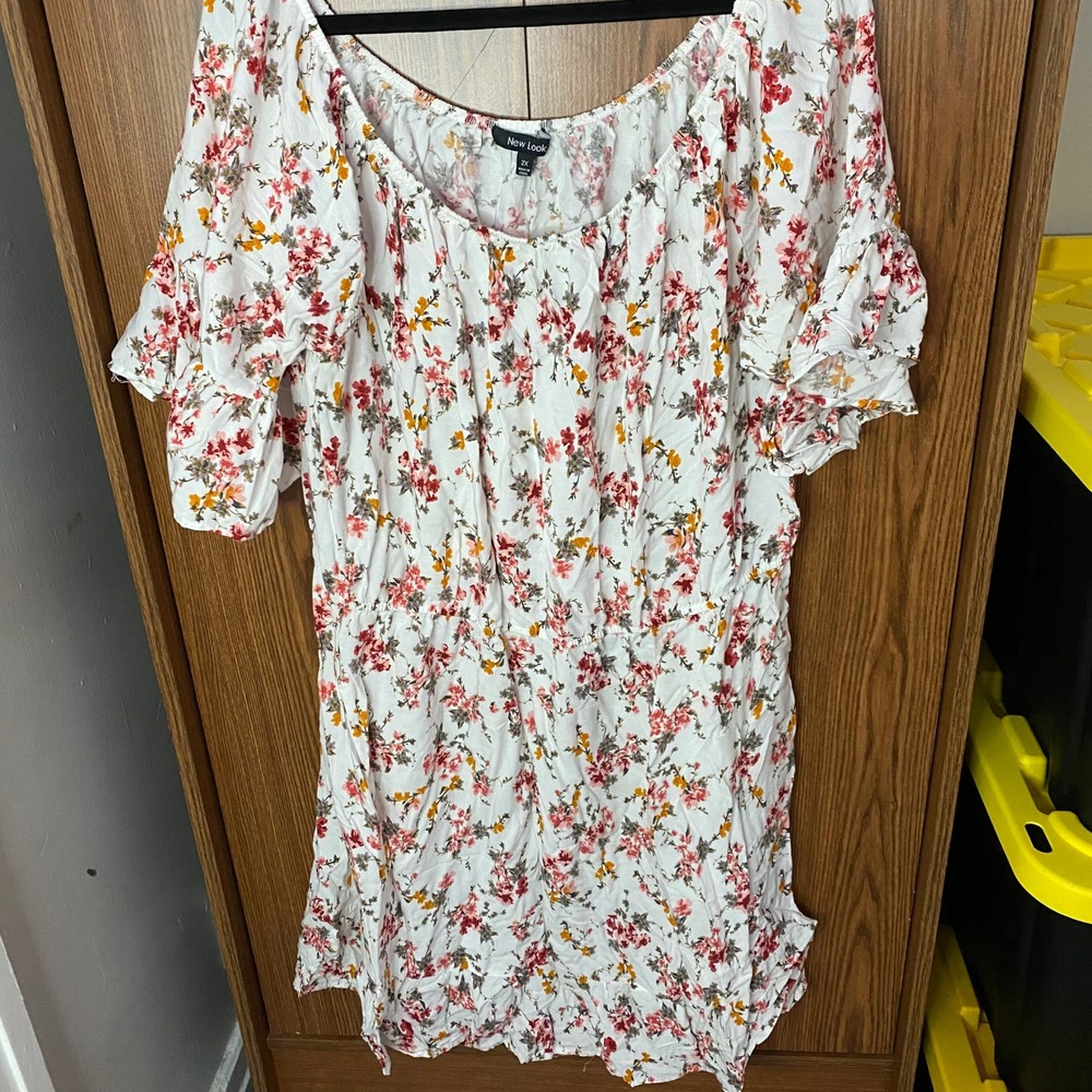 New Look Floral Mini Dress Womens 2X White Multi Short Ruffle Sleeve Boho